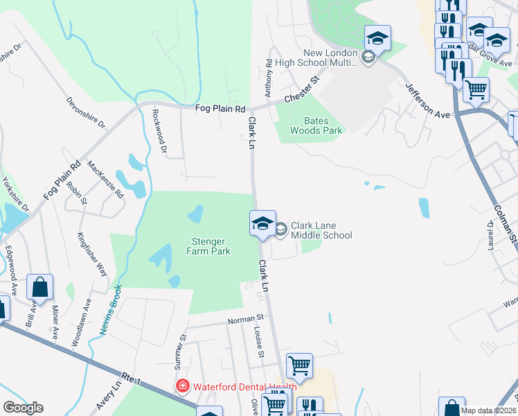 map of restaurants, bars, coffee shops, grocery stores, and more near 109 Clark Lane in Waterford