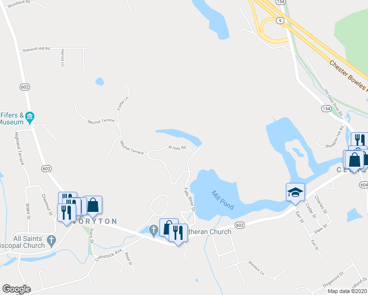 map of restaurants, bars, coffee shops, grocery stores, and more near 25 West Hills Road in Essex