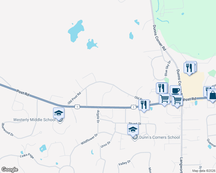 map of restaurants, bars, coffee shops, grocery stores, and more near 58 Old Post Road in Westerly