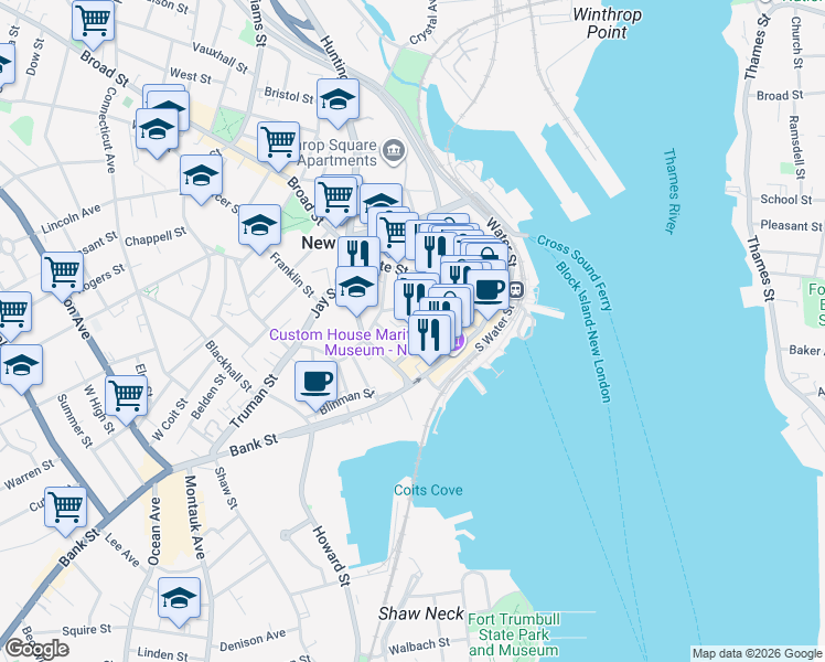 map of restaurants, bars, coffee shops, grocery stores, and more near 6 Union Street in New London
