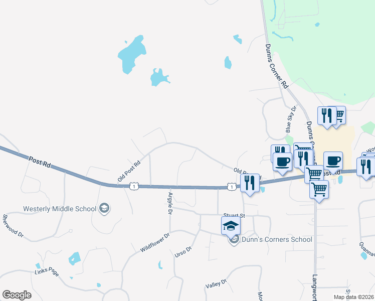 map of restaurants, bars, coffee shops, grocery stores, and more near 58 Old Post Road in Westerly