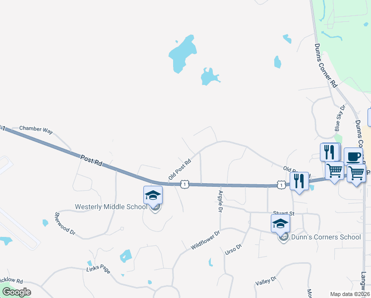 map of restaurants, bars, coffee shops, grocery stores, and more near 6 Thomas Lane in Westerly