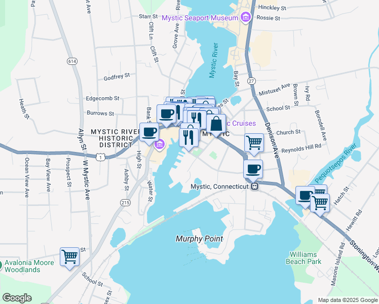 map of restaurants, bars, coffee shops, grocery stores, and more near 27 Cottrell Street in Stonington