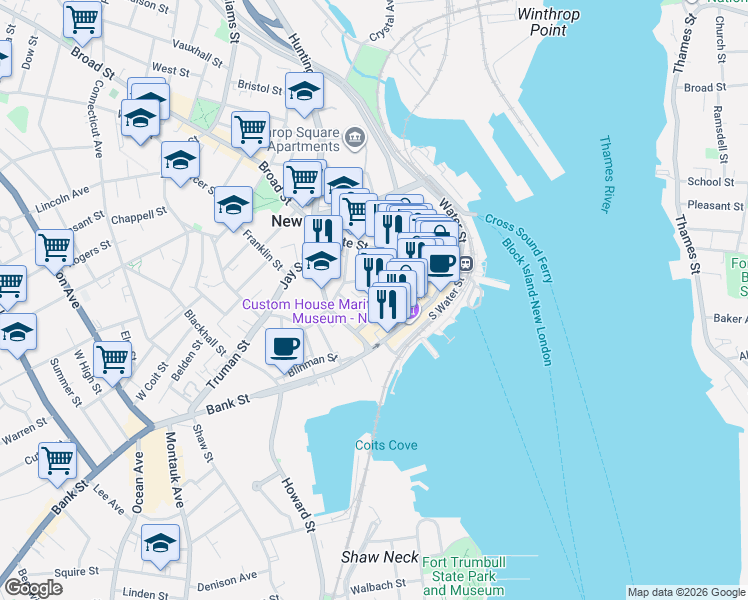 map of restaurants, bars, coffee shops, grocery stores, and more near 6 Union Street in New London