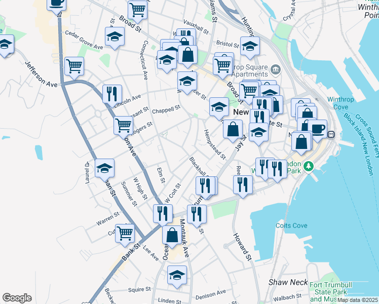 map of restaurants, bars, coffee shops, grocery stores, and more near 7 Bishop Court in New London