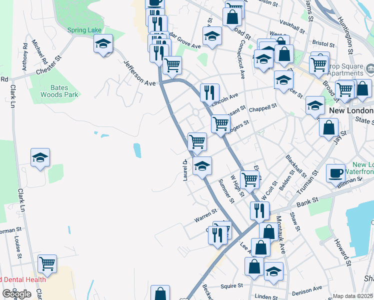 map of restaurants, bars, coffee shops, grocery stores, and more near 202 Colman Street in New London
