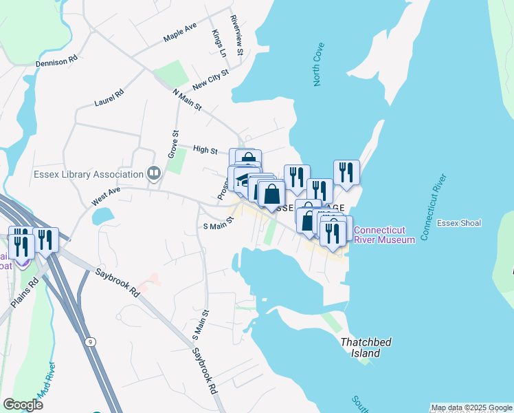 map of restaurants, bars, coffee shops, grocery stores, and more near 15A Main Street in Essex