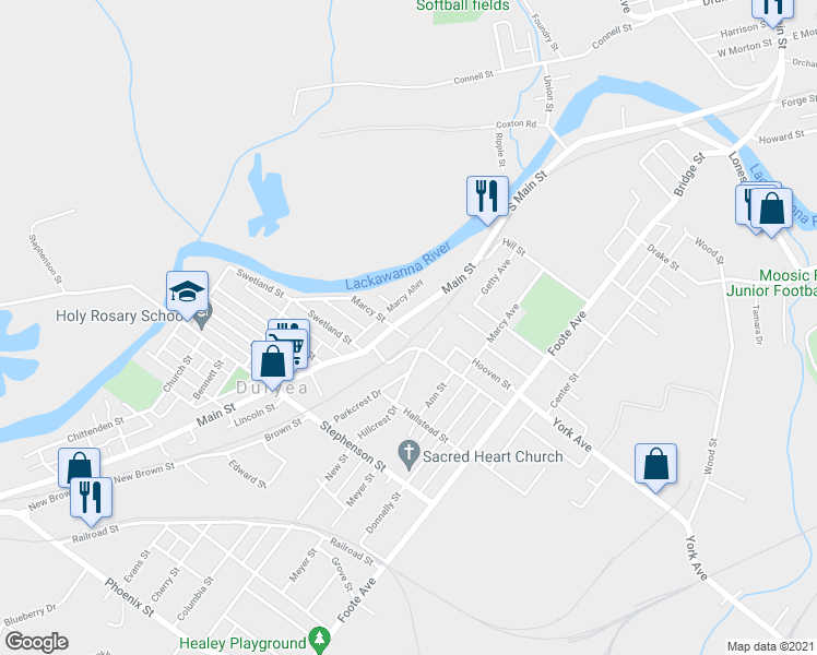 map of restaurants, bars, coffee shops, grocery stores, and more near 805 Main Street in Duryea