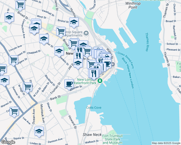 map of restaurants, bars, coffee shops, grocery stores, and more near 6 Union Street in New London