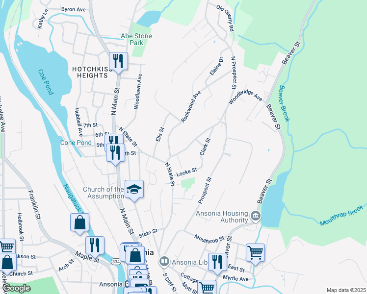 map of restaurants, bars, coffee shops, grocery stores, and more near 19 Woodbridge Avenue in Ansonia