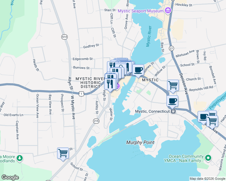 map of restaurants, bars, coffee shops, grocery stores, and more near 17 Water Street in Groton