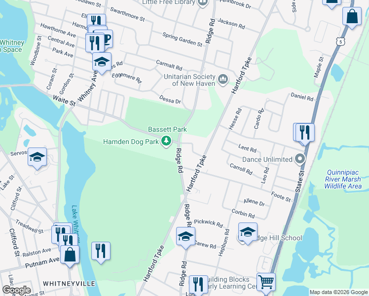 map of restaurants, bars, coffee shops, grocery stores, and more near 325 Waite Street in Hamden