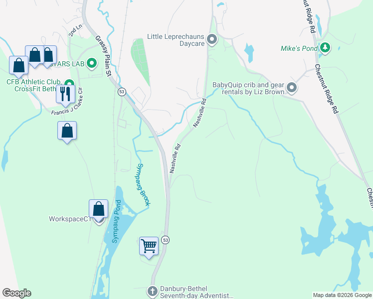 map of restaurants, bars, coffee shops, grocery stores, and more near 134 Nashville Road in Bethel