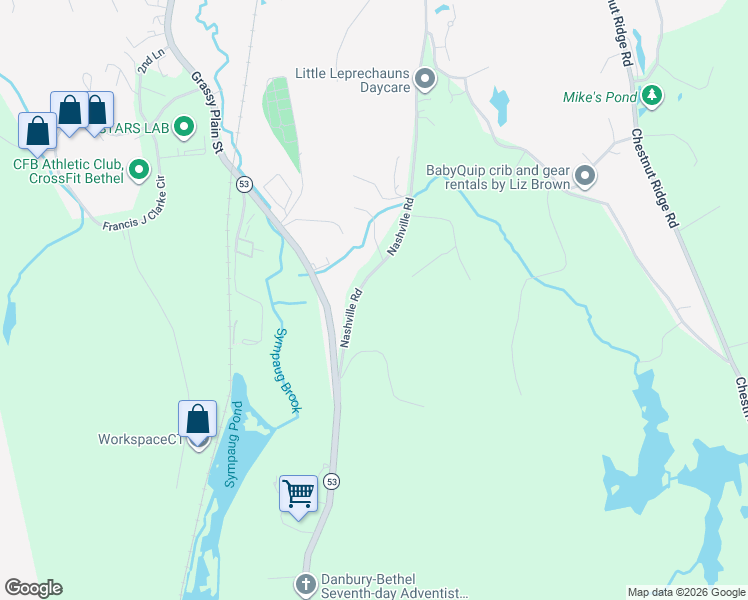 map of restaurants, bars, coffee shops, grocery stores, and more near 134 Nashville Road in Bethel