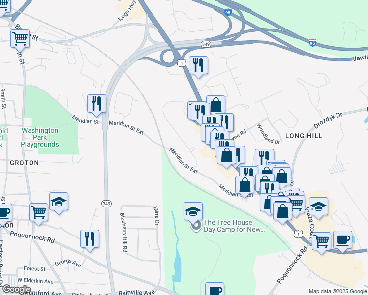 map of restaurants, bars, coffee shops, grocery stores, and more near 600 Meridian Street in Groton