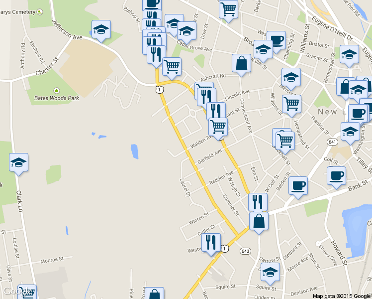 map of restaurants, bars, coffee shops, grocery stores, and more near 202 Colman Street in New London