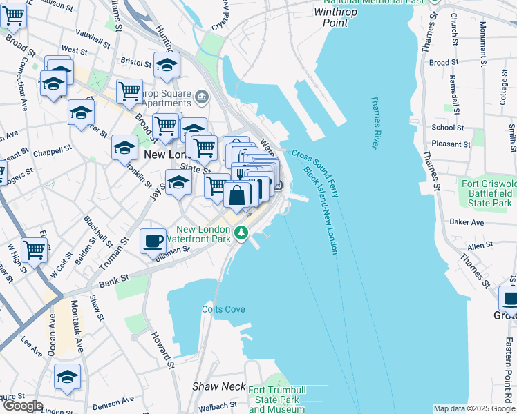 map of restaurants, bars, coffee shops, grocery stores, and more near 47 Bank Street in New London