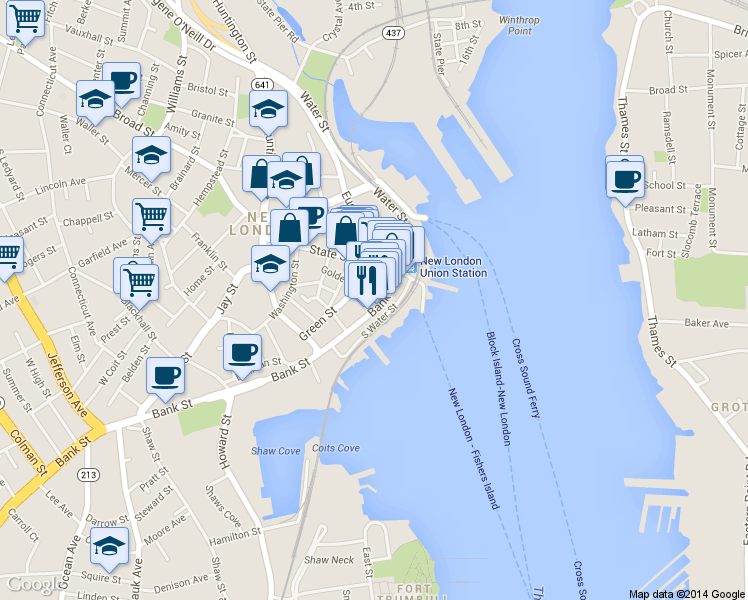 map of restaurants, bars, coffee shops, grocery stores, and more near 47 Bank Street in New London