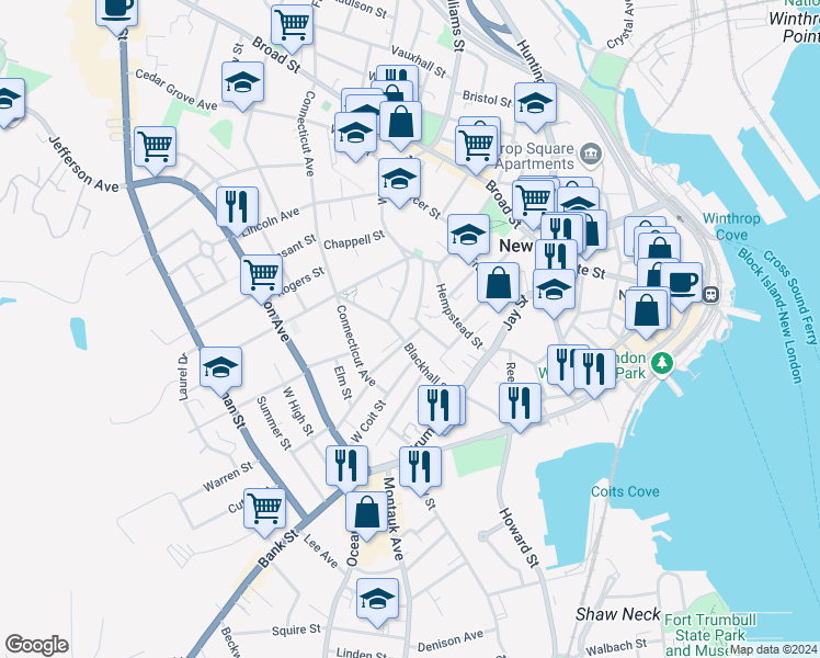 map of restaurants, bars, coffee shops, grocery stores, and more near 7 Bishop Court in New London