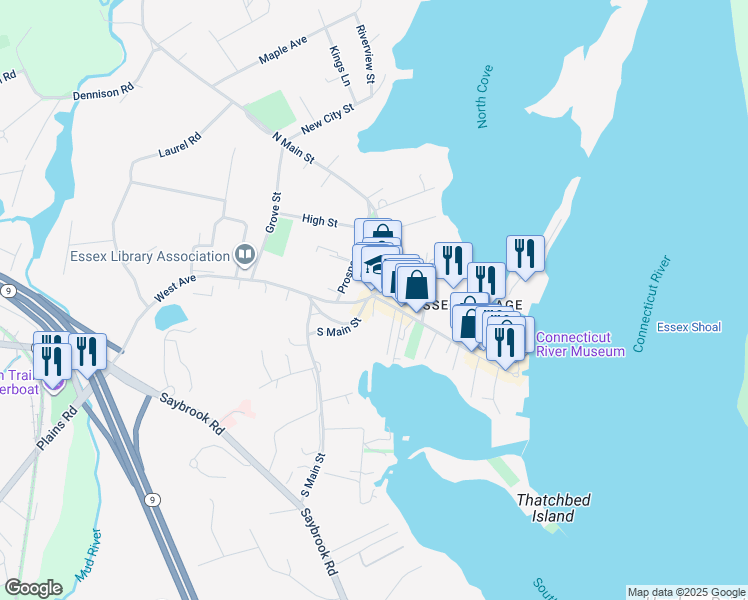 map of restaurants, bars, coffee shops, grocery stores, and more near 3 Essex Hills Drive in Essex
