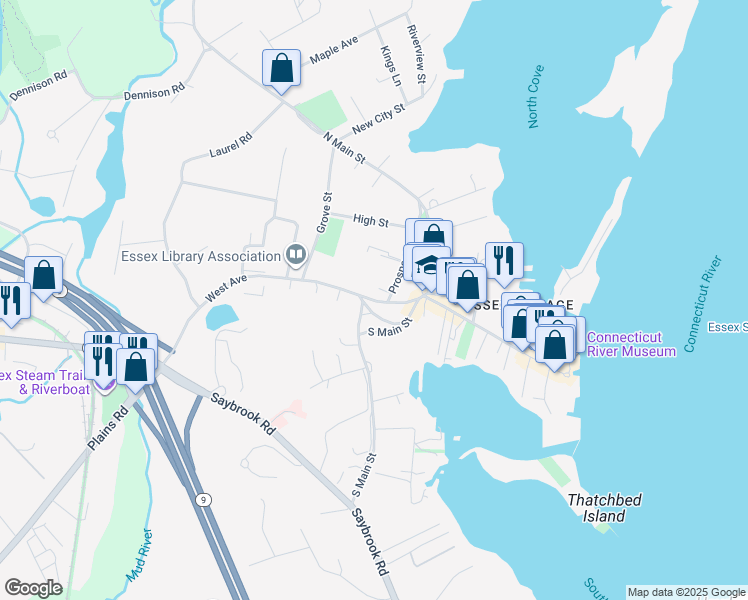 map of restaurants, bars, coffee shops, grocery stores, and more near 34 Prospect Street in Essex
