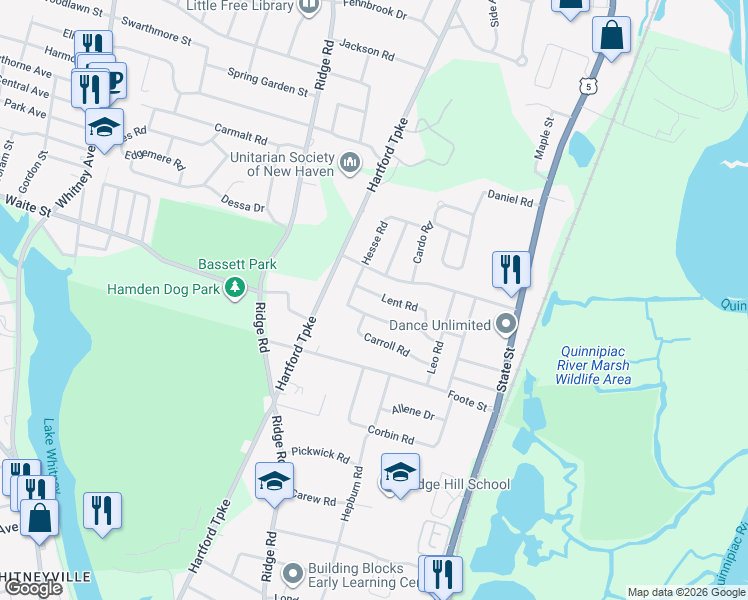 map of restaurants, bars, coffee shops, grocery stores, and more near 17 Hesse Road in Hamden
