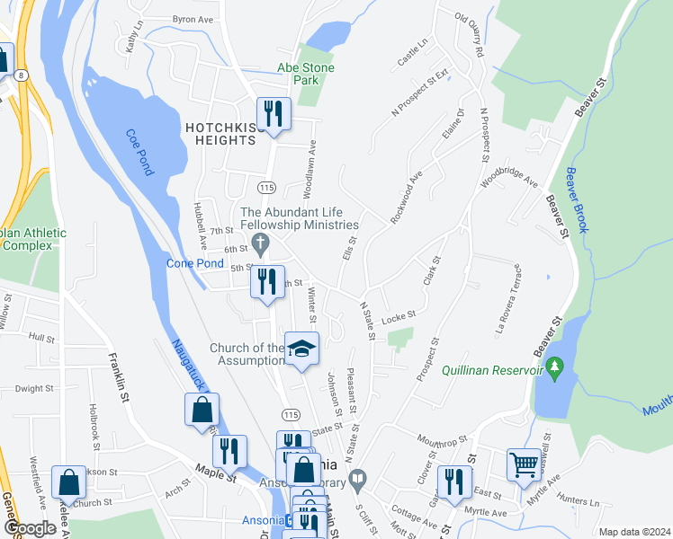 map of restaurants, bars, coffee shops, grocery stores, and more near 228 1/2 North State Street in Ansonia