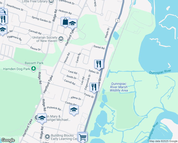 map of restaurants, bars, coffee shops, grocery stores, and more near 69 Sebec Street in Hamden