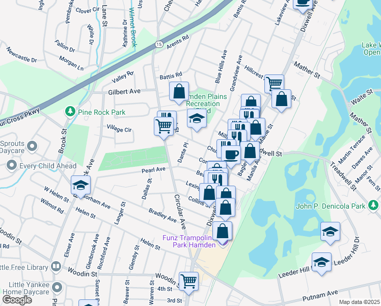 map of restaurants, bars, coffee shops, grocery stores, and more near 48 Dante Place in Hamden