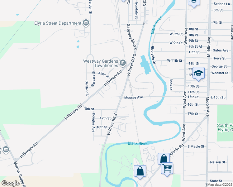 map of restaurants, bars, coffee shops, grocery stores, and more near 7495 West River Road South in Elyria