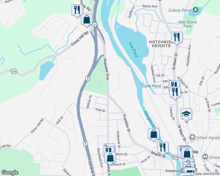 map of restaurants, bars, coffee shops, grocery stores, and more near 342 Wakelee Avenue in Ansonia