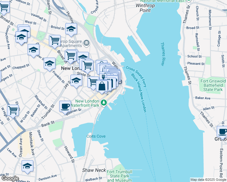 map of restaurants, bars, coffee shops, grocery stores, and more near 47 Bank Street in New London