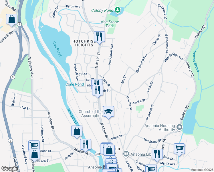 map of restaurants, bars, coffee shops, grocery stores, and more near 241 North State Street in Ansonia