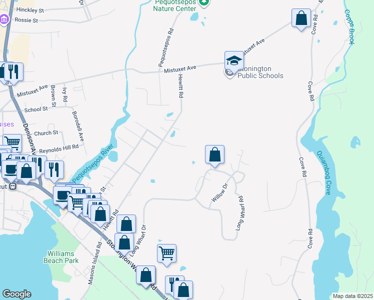 map of restaurants, bars, coffee shops, grocery stores, and more near 5 Long Wharf Drive in Stonington