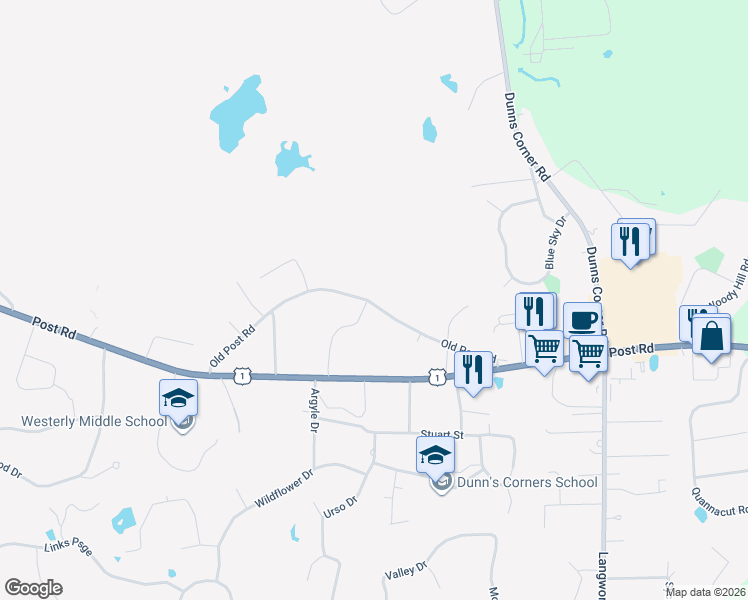 map of restaurants, bars, coffee shops, grocery stores, and more near 64 Old Post Road in Westerly