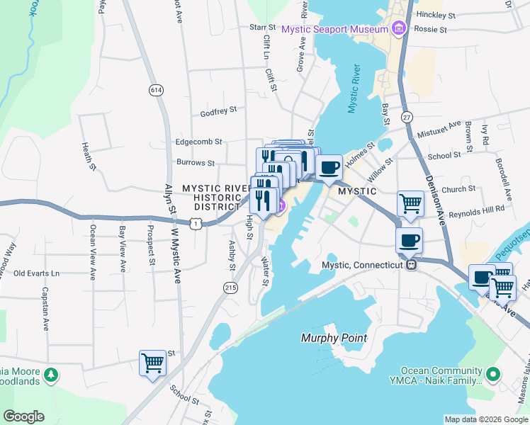 map of restaurants, bars, coffee shops, grocery stores, and more near 12 Water Street in Groton