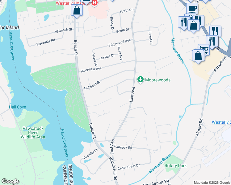 map of restaurants, bars, coffee shops, grocery stores, and more near 18 Pickering Drive in Westerly