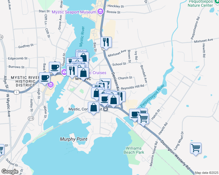 map of restaurants, bars, coffee shops, grocery stores, and more near 36 Church Street in Stonington