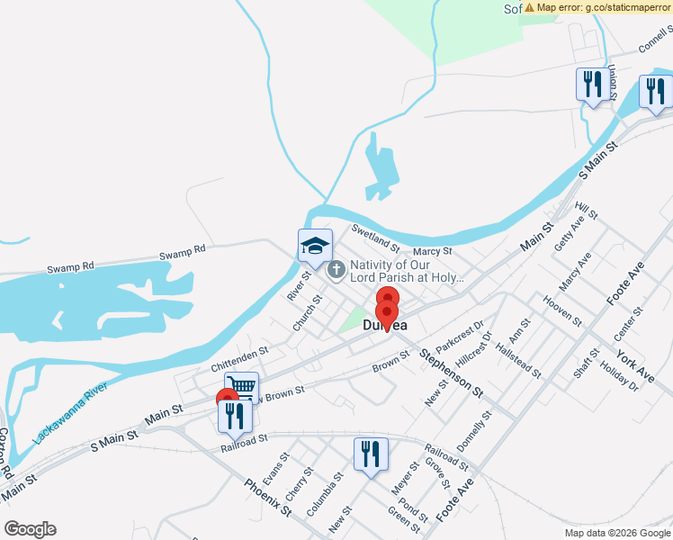 map of restaurants, bars, coffee shops, grocery stores, and more near 102 Dickson Street in Duryea