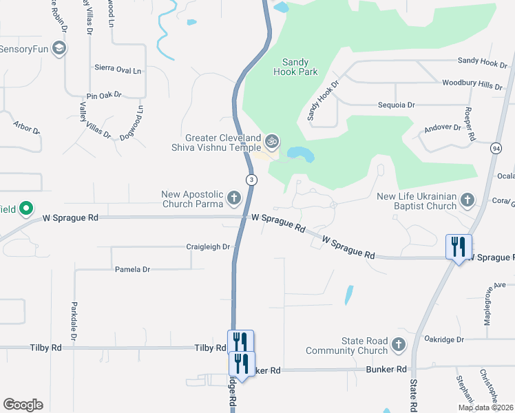 map of restaurants, bars, coffee shops, grocery stores, and more near 7819 Ohio 3 in Parma