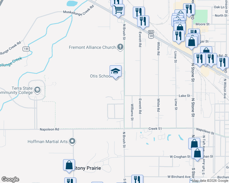 map of restaurants, bars, coffee shops, grocery stores, and more near 540 North Brush Street in Fremont