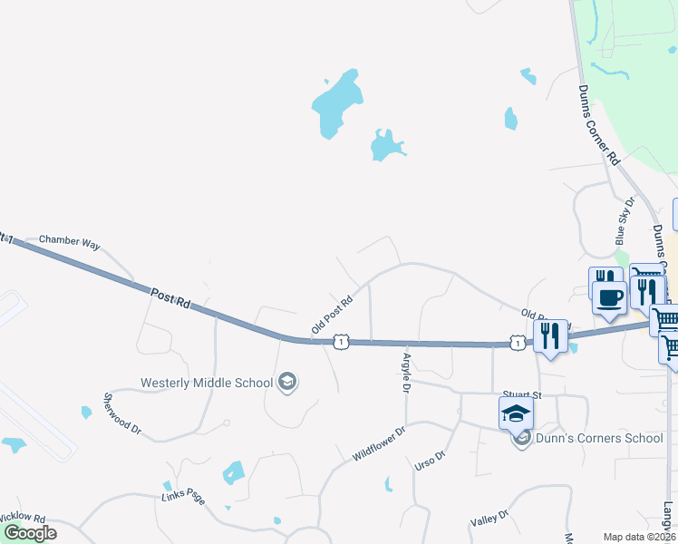 map of restaurants, bars, coffee shops, grocery stores, and more near 6 Thomas Lane in Westerly
