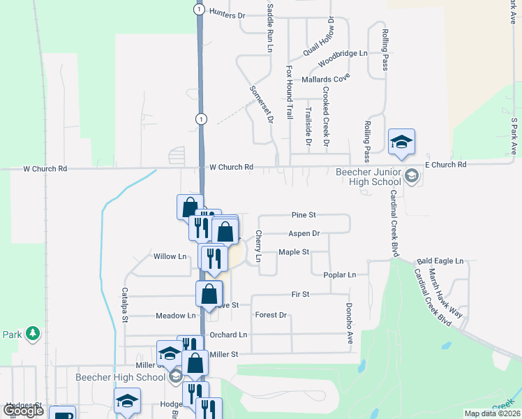 map of restaurants, bars, coffee shops, grocery stores, and more near 321 Pine Street in Beecher