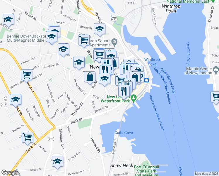 map of restaurants, bars, coffee shops, grocery stores, and more near Washington Street & Starr Street in New London