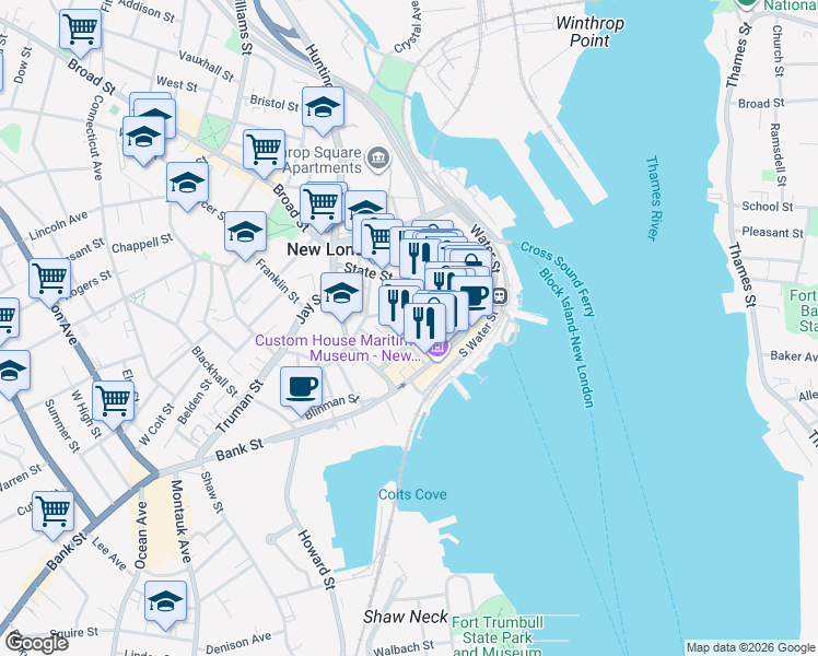 map of restaurants, bars, coffee shops, grocery stores, and more near 86 Golden Street in New London