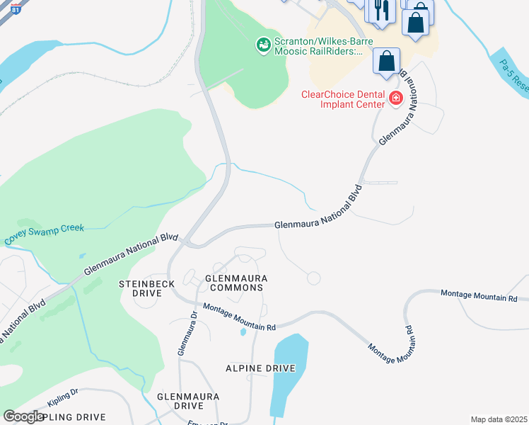 map of restaurants, bars, coffee shops, grocery stores, and more near 72 Glenmaura National Boulevard in Moosic