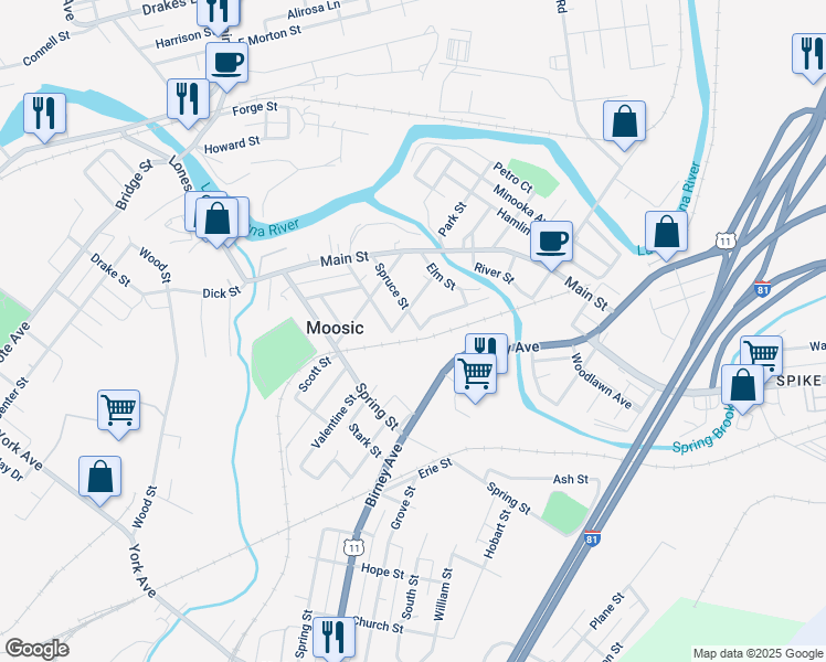 map of restaurants, bars, coffee shops, grocery stores, and more near 416 Spruce St in Moosic