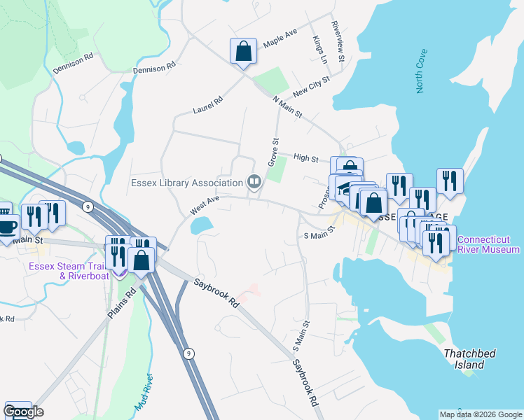 map of restaurants, bars, coffee shops, grocery stores, and more near in Essex