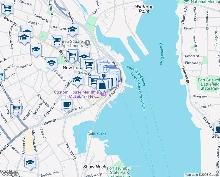 map of restaurants, bars, coffee shops, grocery stores, and more near 47 Bank Street in New London