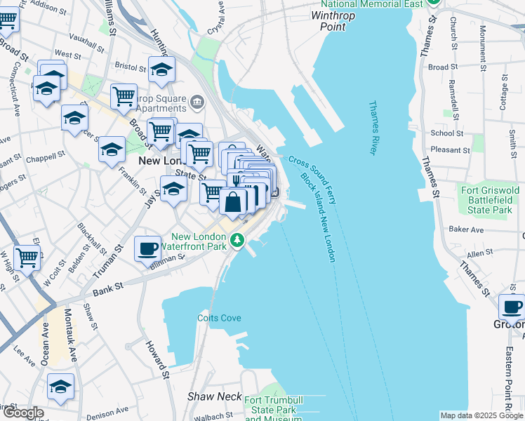 map of restaurants, bars, coffee shops, grocery stores, and more near 47 Bank Street in New London